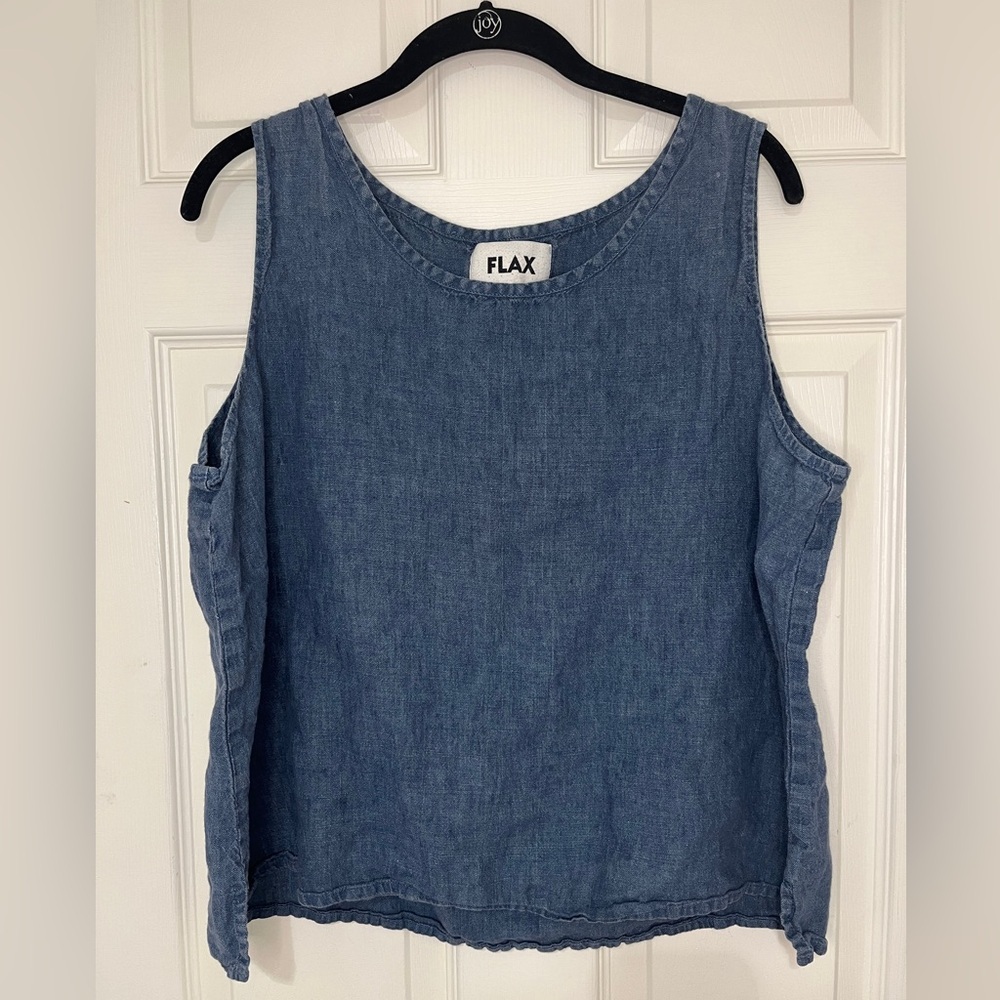 Flax L Denim Blue Linen Shirt Sleeveless Pullover Solid Boxy Minimalist - Picture 2 of 7